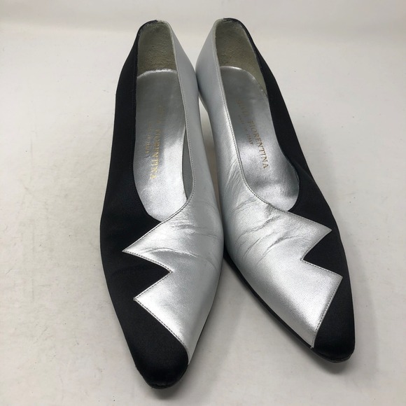 Vintage Silvia Fiorentina Pump Metallic Silver Black Abstract Womens 8 Retro Y2K